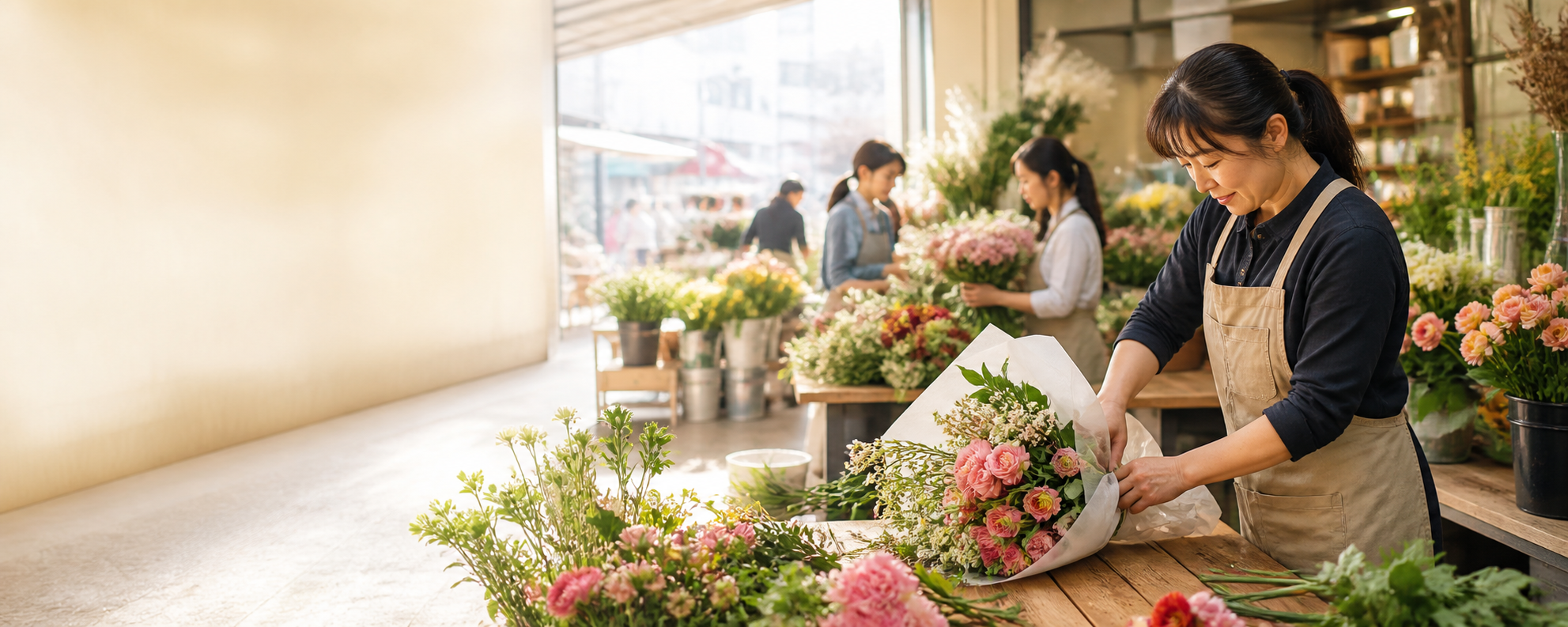 花市商家忙碌整理花材